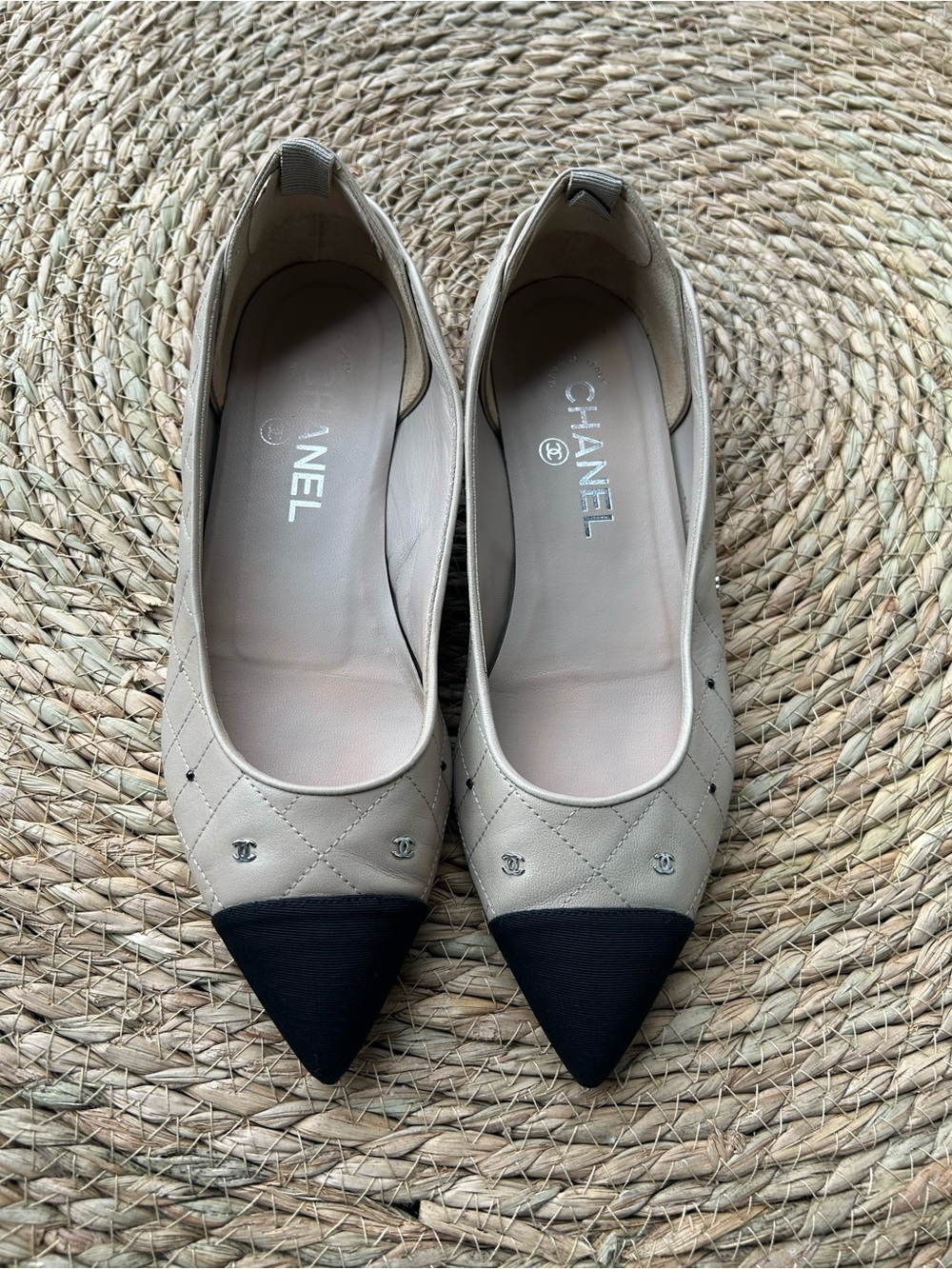 CHANEL Beige and Black Quilted Pointed Toe Flats